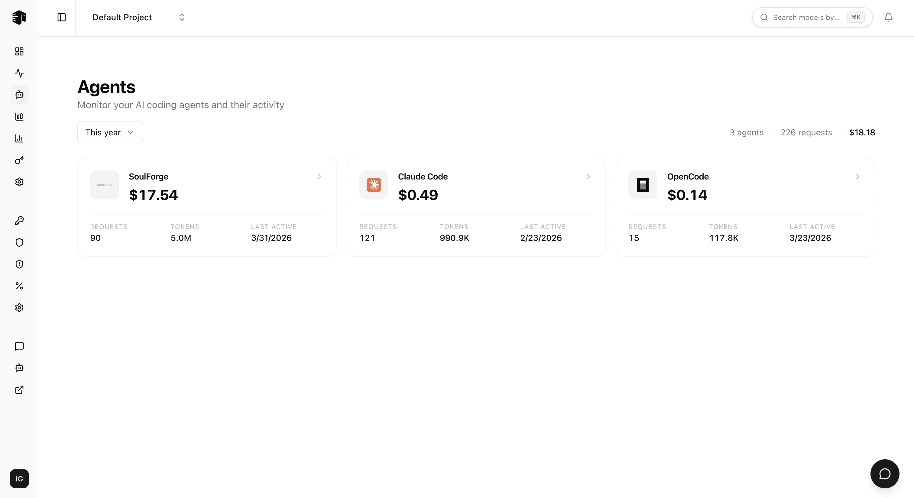 Agents page on DigitSpace showing AI coding agent monitoring