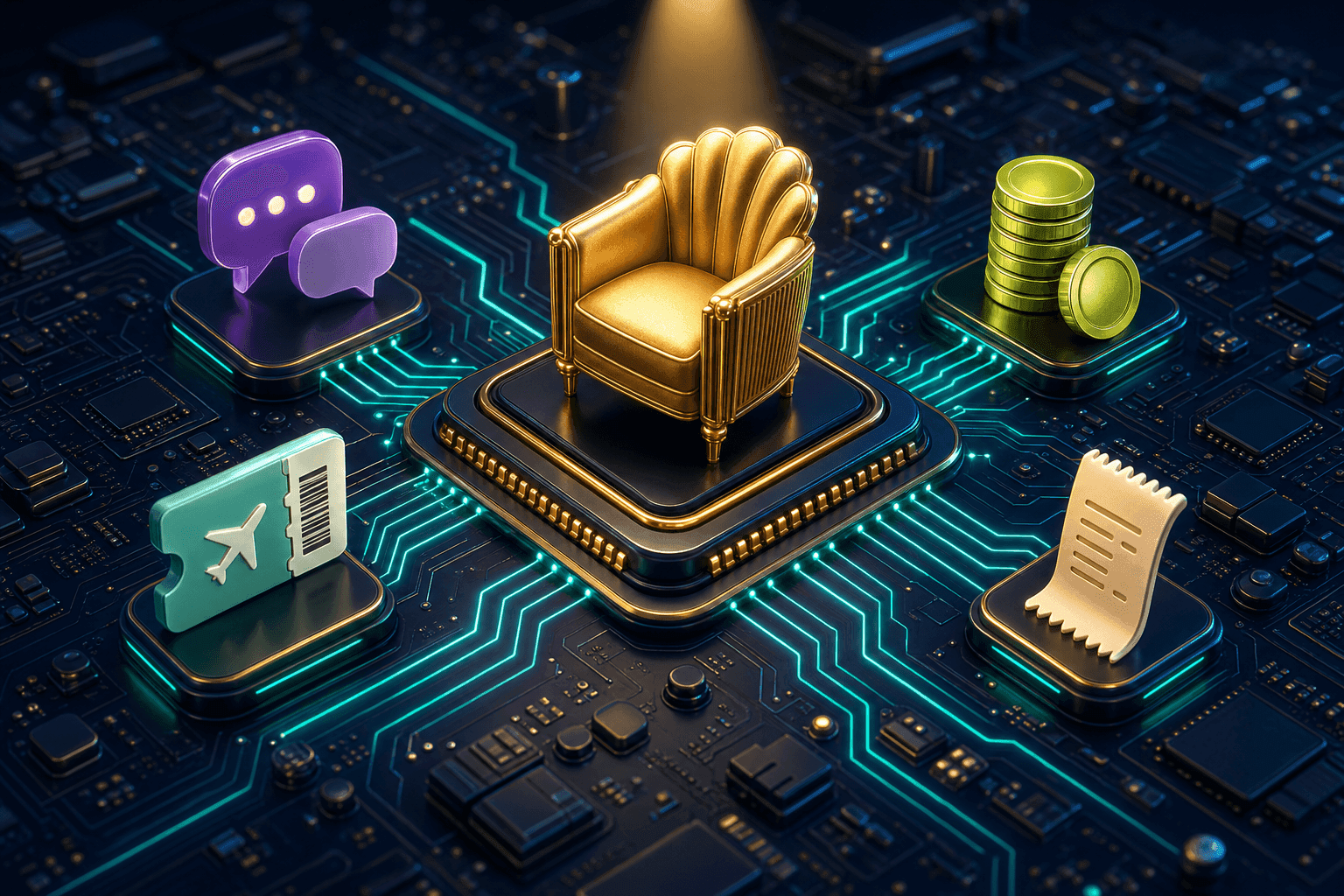 A golden art-deco lounge armchair on a circuit-board chip, surrounded by chat, ticket, coin, and receipt icons — the new DigitSpace Chat identity