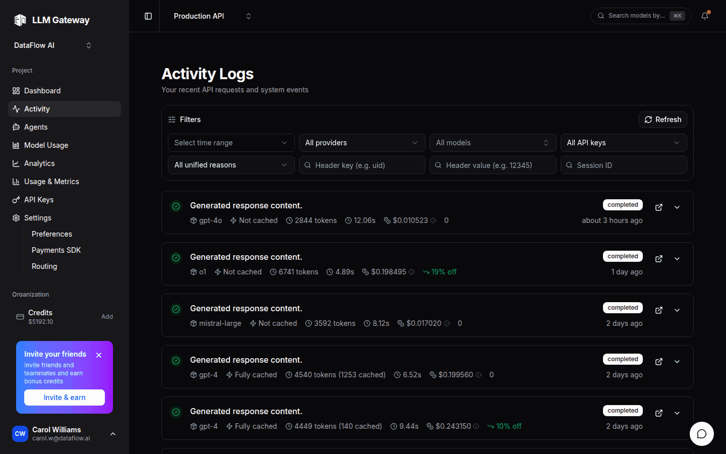 DigitSpace activity view with per-request logs