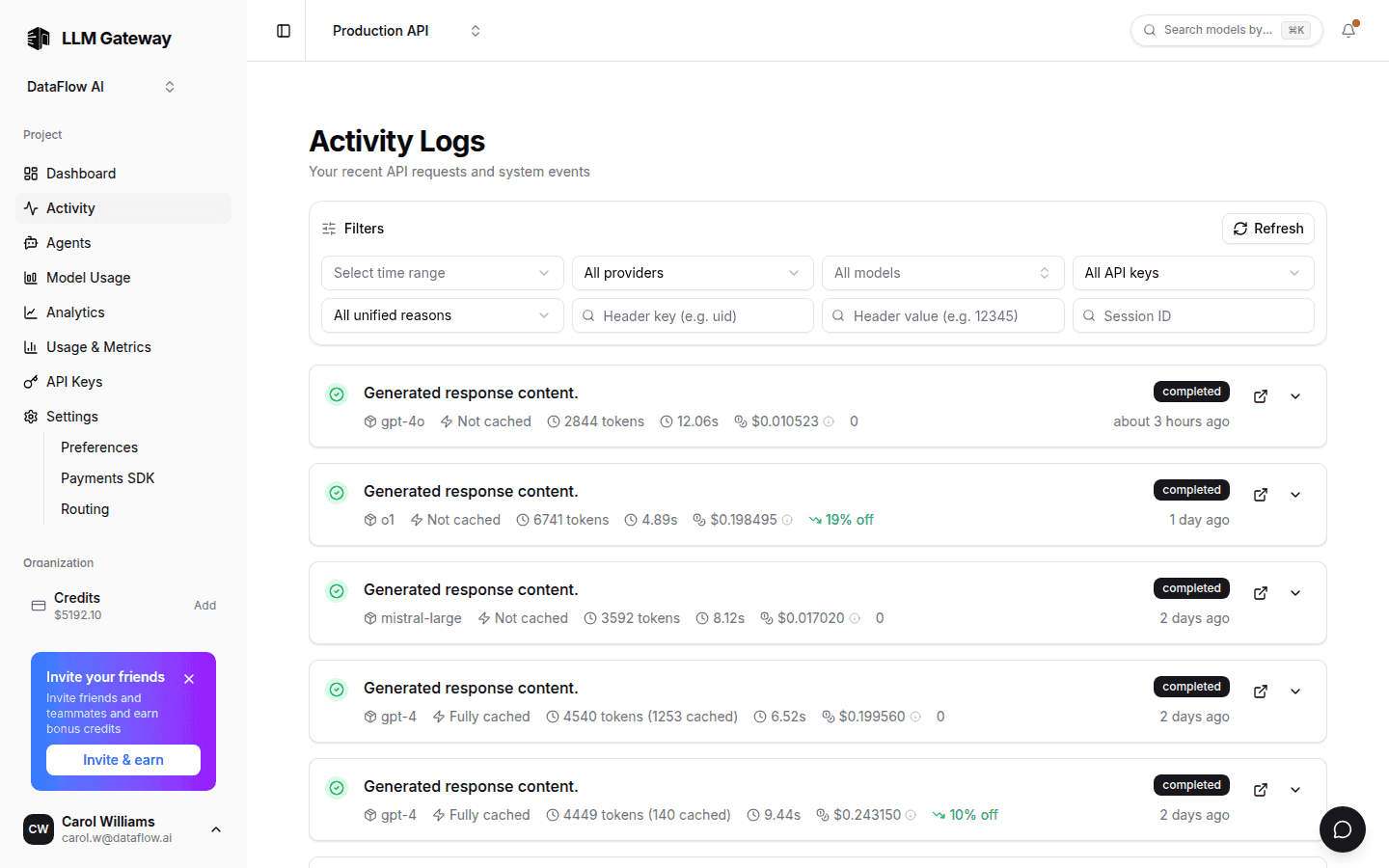 DigitSpace activity view with per-request logs